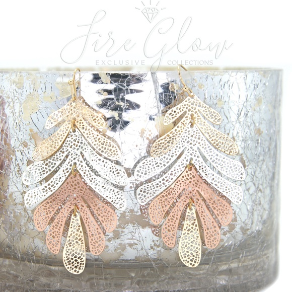 Multi tone Gold, Silver, Rose Gold Leaf Earrings - Picture 6 of 7